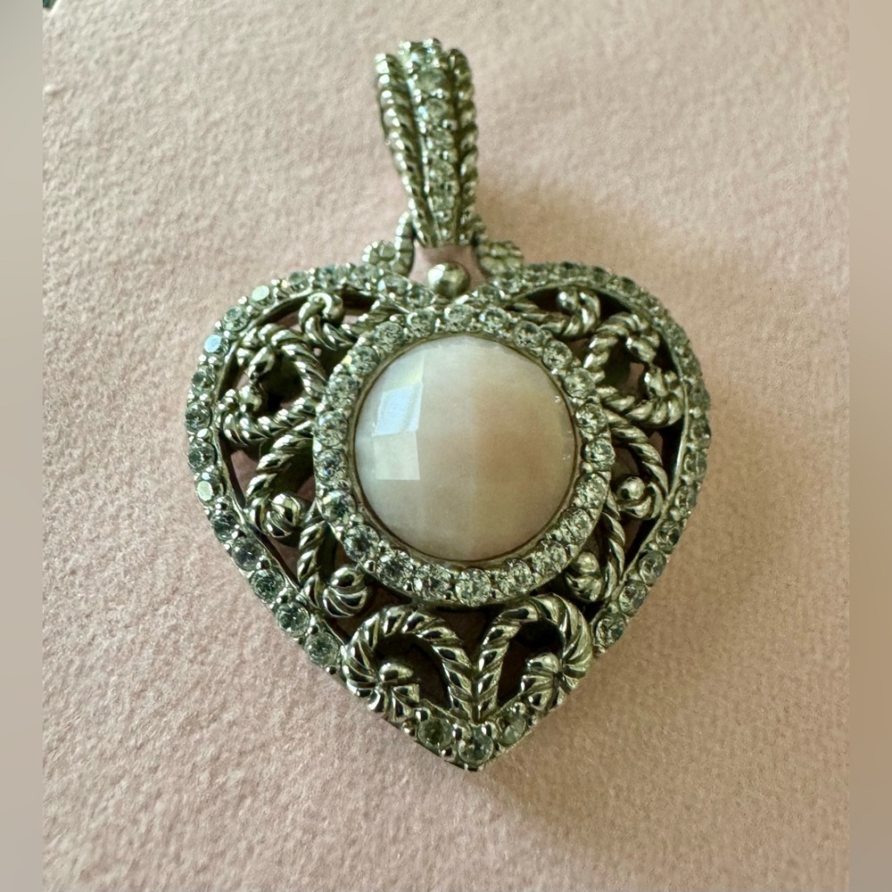 Judith Ripka Silver Heart Pendant With Pink 
Opal Checkerboard Cut Stone